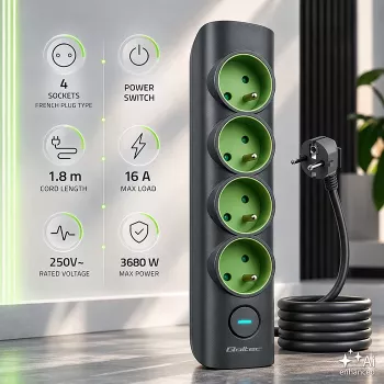 Qoltec stekkerdoos met verlichte schakelaar, 4 Schuko-stopcontacten, 1,8 m