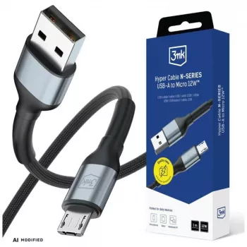3mk Hyper Cable N-Series USB-A naar Micro-USB kabel, 1 m, 12 W, zwart