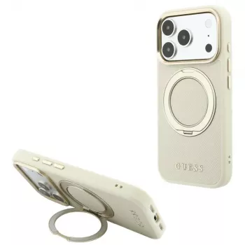 Guess Ring Stand 360 Grained Classic Logo MagSafe-hoesje voor iPhone 18 Pro Max / 17 Pro Max beige
