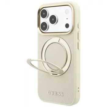 Guess Ring Stand 360 Grained Classic Logo MagSafe-hoesje voor iPhone 18 Pro Max / 17 Pro Max beige