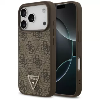 Guess leer 4G Triangle Strass MagSafe-hoesje voor iPhone 18 Pro / 17 Pro, bruin