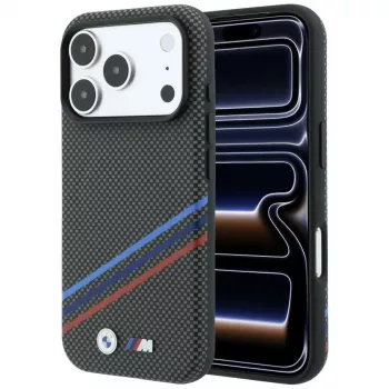 BMW M Quadrille Kevlar Print Tricolor Lines & Metal Logo MagSafe-hoesje voor iPhone 18 Pro / 17 Pro, antraciet
