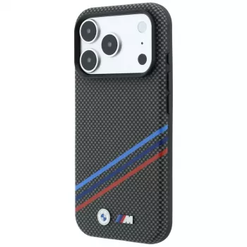 BMW M Quadrille Kevlar Print Tricolor Lines & Metal Logo MagSafe-hoesje voor iPhone 18 Pro Max / 17 Pro Max, antraciet