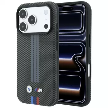 BMW M Quadrille Kevlar Tricolor Print Lines MagSafe-hoesje voor iPhone 18 Pro Max / 17 Pro Max, antraciet