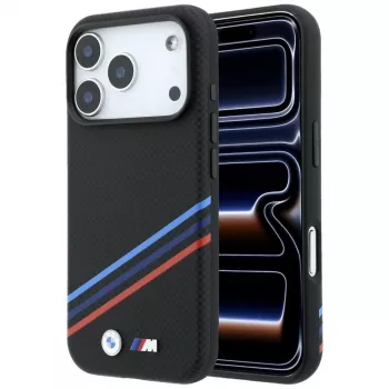 BMW M Quadrille Kevlar Print Tricolor Lines & Metal Logo MagSafe-hoesje voor iPhone 18 Pro Max / 17 Pro Max, zwart