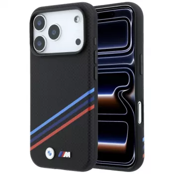 BMW M Quadrille Kevlar Print Tricolor Lines & Metal Logo MagSafe-hoesje voor iPhone 18 Pro / 17 Pro, zwart