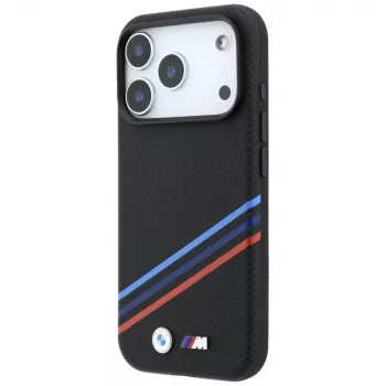 BMW M Quadrille Kevlar Print Tricolor Lines & Metal Logo MagSafe-hoesje voor iPhone 18 Pro / 17 Pro, zwart