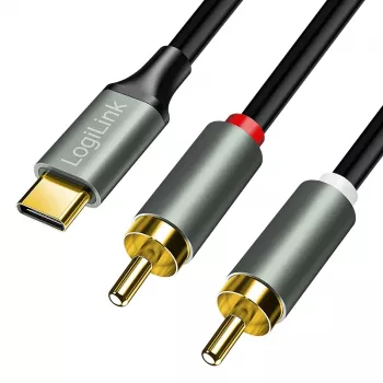 LogiLink CUA0141 USB 2.0 Type-C naar 2x RCA-kabel, stereo-audio, aluminium, zwart/zilver, 1,5 m