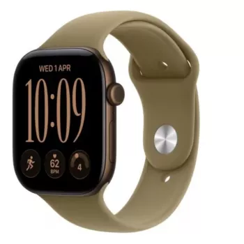 Apple Watch Series 12 smartwatch, GPS + Cellular, 42 mm, aluminium kast in donkerbrons, olijfkleurig sportbandje S/M