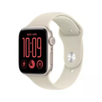 Apple Watch SE 3 smartwatch, GPS + Cellular, 44 mm, aluminium kast in sterrenlicht, zandkleurig sportbandje S/M
