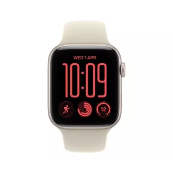 Apple Watch SE 3 smartwatch, GPS + Cellular, 44 mm, aluminium kast in sterrenlicht, zandkleurig sportbandje S/M