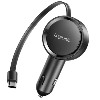 LogiLink PA0400 USB-C-autolader, 1 poort, PD 3.0, 30 W, oprolbare kabel, 0,8 m