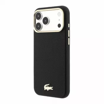 Lacoste Champs Elysees PU-leren MagSafe-hoesje voor iPhone 18 Pro Max / 17 Pro Max, gouden logo, zwart en goud