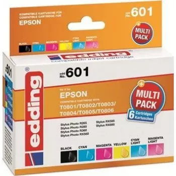 Edding EDD-601 inktcartridges voor Epson Stylus Photo P50, compatibel, multipack zwart + cyaan + magenta + foto-cyaan + foto-magenta (6 st.)