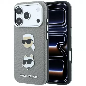 Karl Lagerfeld KF003253 hoesje Saffiano met Karl & Choupette Heads Pins en logo voor iPhone 18 Pro / 17 Pro, grijs