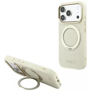 Guess GUE005667 Ring Stand 360 Grained Classic Logo MagSafe hoesje voor iPhone 18 Pro / 17 Pro, beige