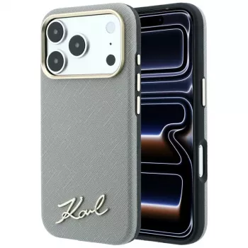 Karl Lagerfeld Saffiano Small Script Metal Logo MagSafe hoesje voor iPhone 18 Pro / 17 Pro, beige