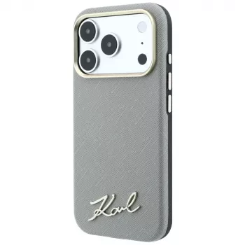 Karl Lagerfeld Saffiano Small Script Metal Logo MagSafe hoesje voor iPhone 18 Pro / 17 Pro, beige