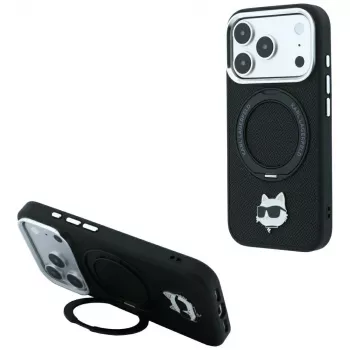 Karl Lagerfeld with Ring Stand 360 Choupette Head Pin MagSafe hoesje voor iPhone 18 Pro / 17 Pro, zwart