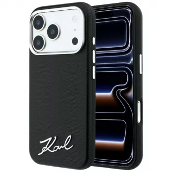 Karl Lagerfeld Saffiano Small Script Metal Logo MagSafe hoesje voor iPhone 18 Pro / 17 Pro, zwart