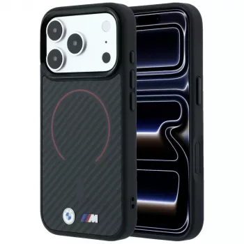 BMW BMW001265 M Kevlar Red Print Ring Metal Logo MagSafe-hoesje voor iPhone 18 Pro / 17 Pro, zwart