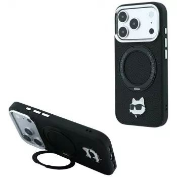 Karl Lagerfeld KF003216 Ring Stand 360 Choupette Head Pin MagSafe hoesje voor iPhone 18 Pro Max / 17 Pro Max, zwart
