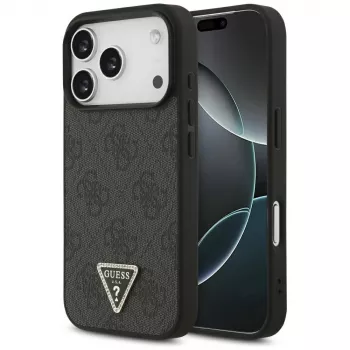 Guess Leather 4G Triangle Strass MagSafe hoesje voor iPhone 18 Pro / 17 Pro, zwart