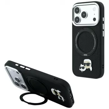 Karl Lagerfeld Ring Stand 360 Karl & Choupette Heads Pin hoesje met MagSafe voor iPhone 18 Pro / 17 Pro, zwart