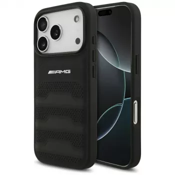 Mercedes AMG Leather Debossed Lines Logo hoesje voor iPhone 18 Pro / 17 Pro, zwart