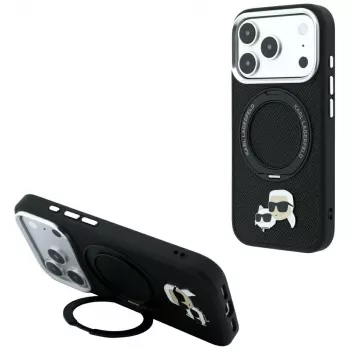 Karl Lagerfeld Ring Stand 360 Karl & Choupette Heads Pin MagSafe hoesje voor iPhone 18 Pro Max / 17 Pro Max, zwart