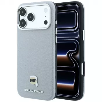 Karl Lagerfeld Grained Karl Head Metal MagSafe hoesje voor iPhone 18 Pro Max / 17 Pro Max, grijs