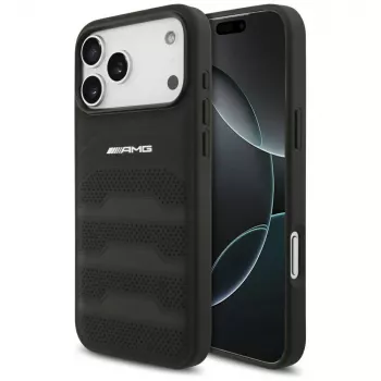Mercedes AMG00117 hoesje voor iPhone 18 Pro Max / 17 Pro Max, AMG Leather Debossed Lines Logo, zwart