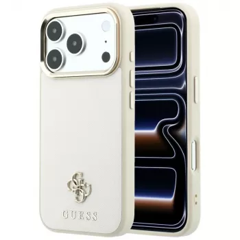 Guess GUE005532 hoesje voor iPhone 18 Pro / 17 Pro, Saffiano Small 4G & Classic Logo, MagSafe, beige
