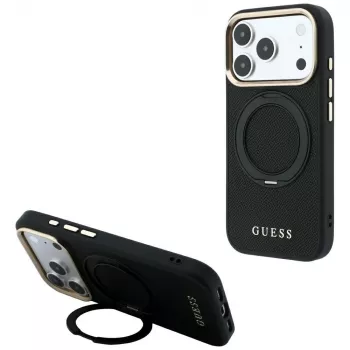 Guess GUE005670 hoesje voor iPhone 18 Pro Max / 17 Pro Max, Ring Stand 360 Grained Classic Logo, MagSafe, zwart
