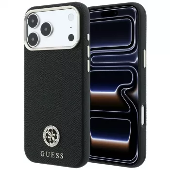 Guess GUE005533 Grained Round Strass Logo MagSafe-hoesje voor iPhone 18 Pro / 17 Pro, zwart
