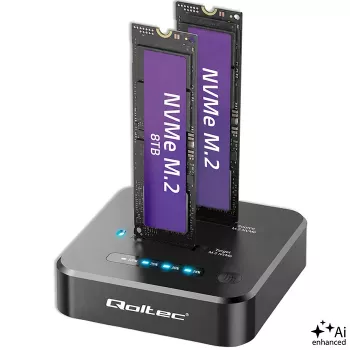 Qoltec 52633 dockingstation voor M.2 NVMe SSD's, PCIe, 2 x 8TB, USB-C 3.2, 10 Gb/s, offline klonen