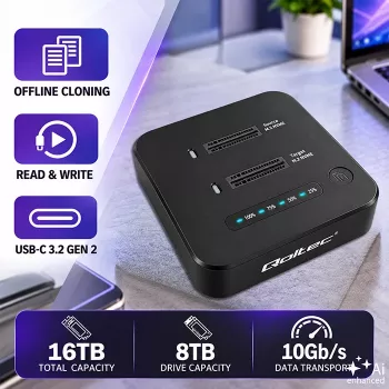Qoltec 52633 dockingstation voor M.2 NVMe SSD's, PCIe, 2 x 8TB, USB-C 3.2, 10 Gb/s, offline klonen