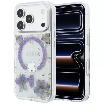 Guess Resin Flowers Glitter MagSafe hoesje voor iPhone 18 Pro Max / 17 Pro Max, paars