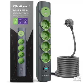 Qoltec 52762 stekkerdoos met verlichte schakelaar, 4 geaarde contactdozen, 1 x USB-C 15 W, 1 x USB 12 W, 1,8 m
