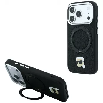 Karl Lagerfeld met Ring Stand 360 Karl Head Pin MagSafe-hoesje voor Apple iPhone 18 Pro Max / 17 Pro Max, zwart (KF003234)