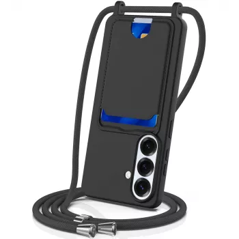 Hurtel Samsung Galaxy S26 TPU-hoesje met kaarthouder en crossbody-lanyard, zwart