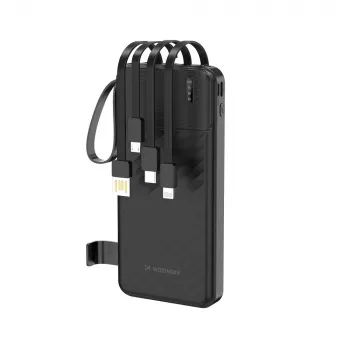 Wozinsky W11-B 10000mAh 10W powerbank met ingebouwde kabels en zaklamp, zwart