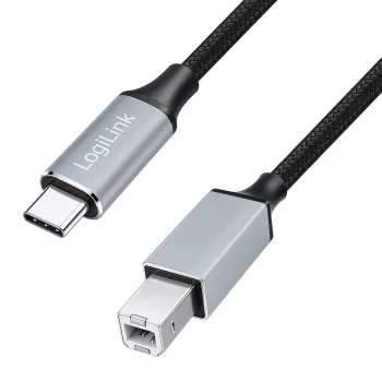 Logilink CU0516 USB 2.0 Type-C-kabel, C/M naar B/M, 480 Mbps, nylon, metaal, zwart/zilver, 3 m