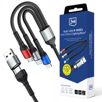 3MK Hyper Cable N-SERIES 6in1 USB-C / USB-A naar USB-C / MicroUSB / Lightning-kabel, QC 3.0, 18 W (9 V / 2 A), 1.2 m, zwart