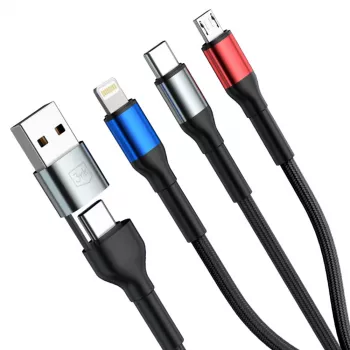 3MK Hyper Cable N-SERIES 6in1 USB-C / USB-A naar USB-C / MicroUSB / Lightning-kabel, QC 3.0, 18 W (9 V / 2 A), 1.2 m, zwart
